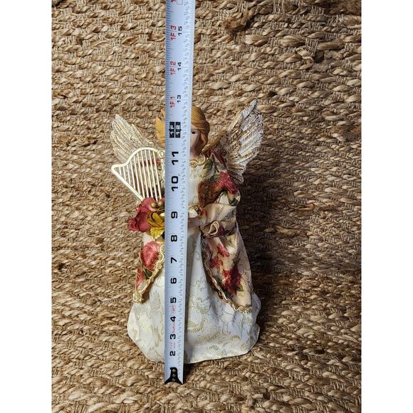 Beautiful Christmas Angel Tree Topper Gold Wings & Floral Gown Playing Harp 13" - Picture 8 of 10